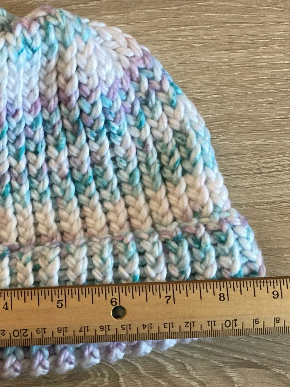 HANDMADE kids ribbed knit beanie in white with pastel blue and lavender